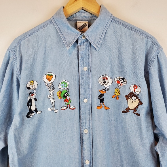 VTG Warner Brothers Bugs Bunny Tasmanian Devil Tweety Chambray Button Up Shirt - Picture 1 of 13